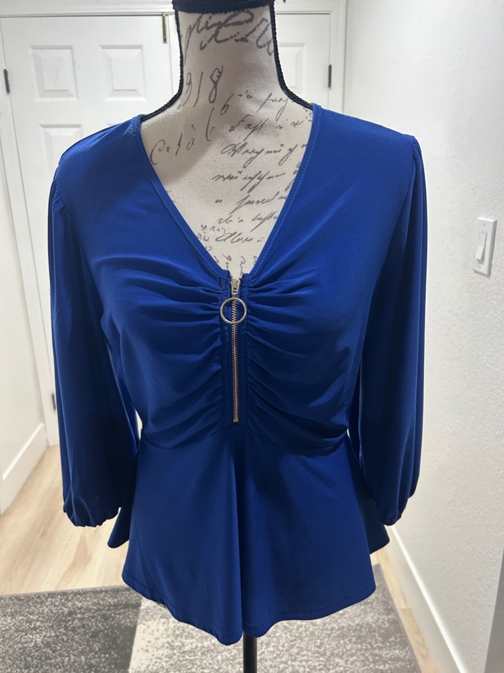 Ruched V-Neck Zip-Front Blouse in Royal Blue